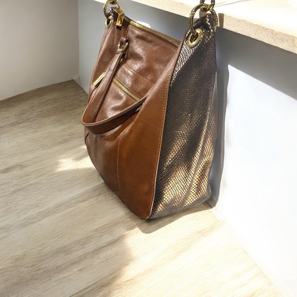 Hammitt Large Tote Bag Dark Blue Cognac Leather Bronze Snakeskin Suede 14x12 - Picture 6 of 17